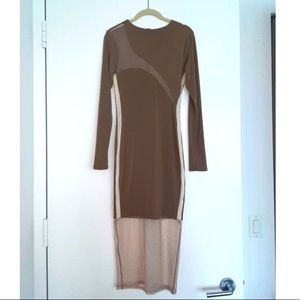 Norma kamali style SheerTaupe Mesh cleavage cutout M Stretch dress curve hugging